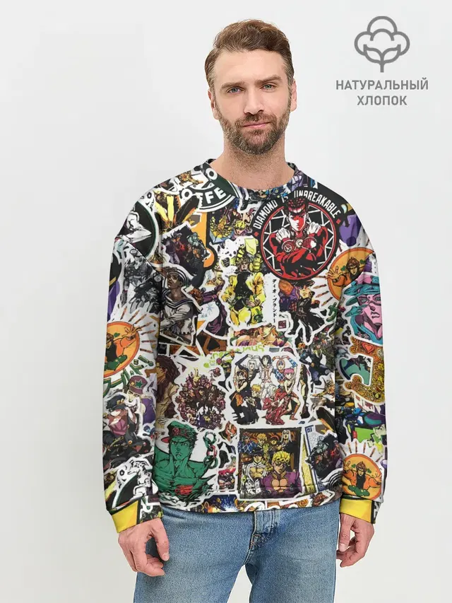 Мужской свитшот базовый с принтом «ДжоДжо — JoJo’s Sticker Bombing»