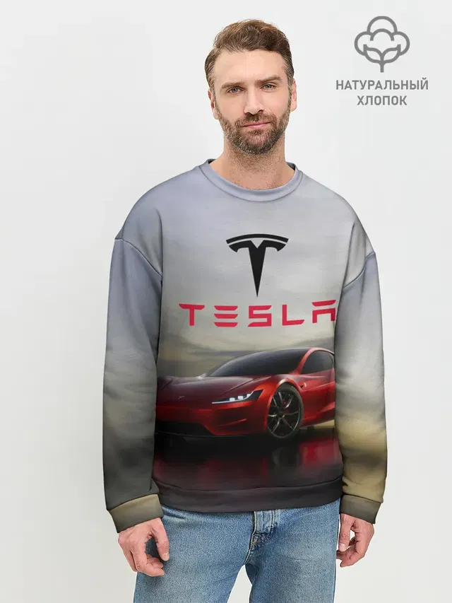 Мужской свитшот базовый с принтом «Tesla — Tesla Roadster»
