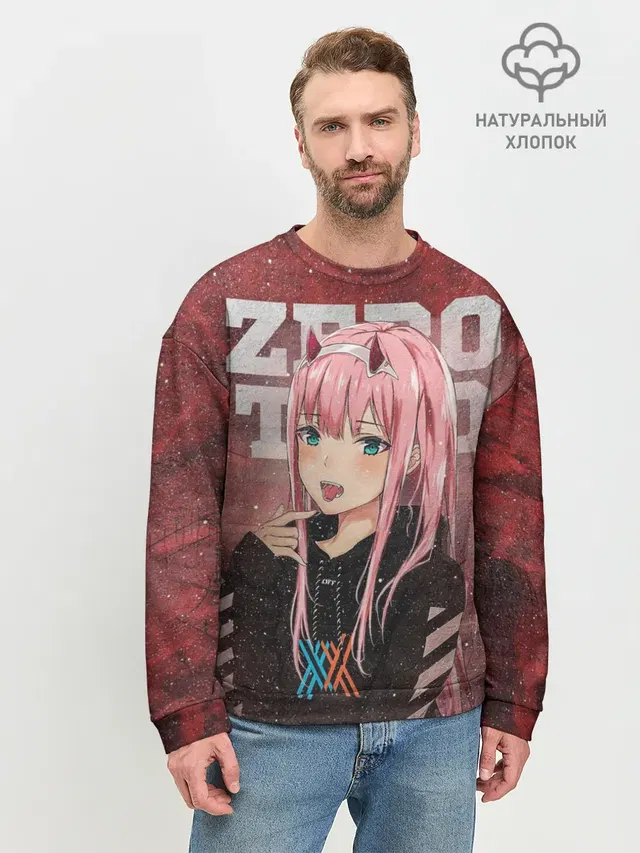 Мужской свитшот базовый с принтом «Darling in the FranXX — Zero Two в толстовке»