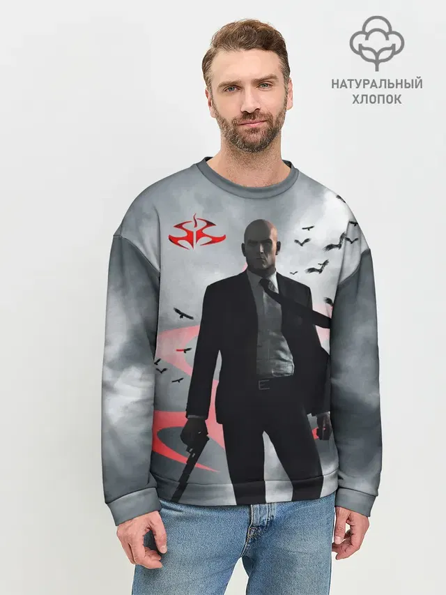 Мужской свитшот базовый с принтом «Hitman — Агент 47»