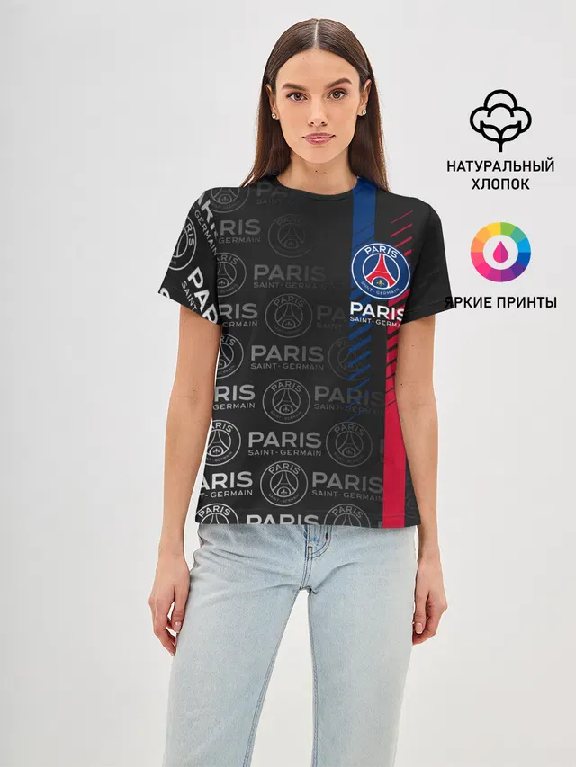 Женская базовая футболка с принтом «ПСЖ — ФК ПСЖ — PARIS SAINT GERMAIN»