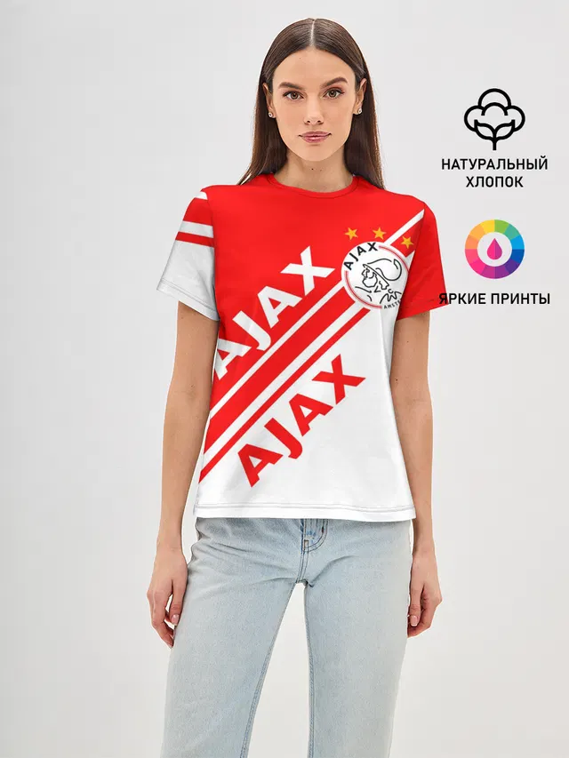 Женская базовая футболка с принтом «AFC Ajax — FC AJAX AMSTERDAM — ФК АЯКС»