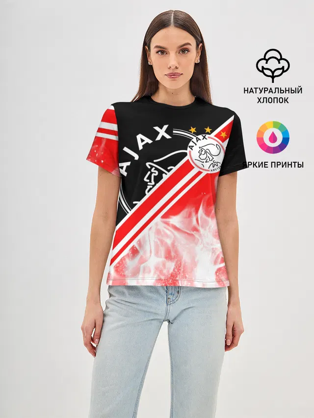 Женская базовая футболка с принтом «Разные футбольные принты — FC AJAX AMSTERDAM — ФК АЯКС»