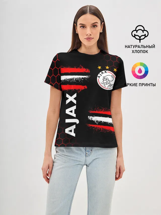 Женская базовая футболка с принтом «Amsterdam — FC AJAX AMSTERDAM — ФК АЯКС»