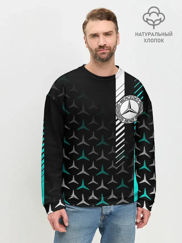 Мужской свитшот базовый с принтом «Merсedes — МЕРСЕДЕС — AQUA BLACK GRADIENT»