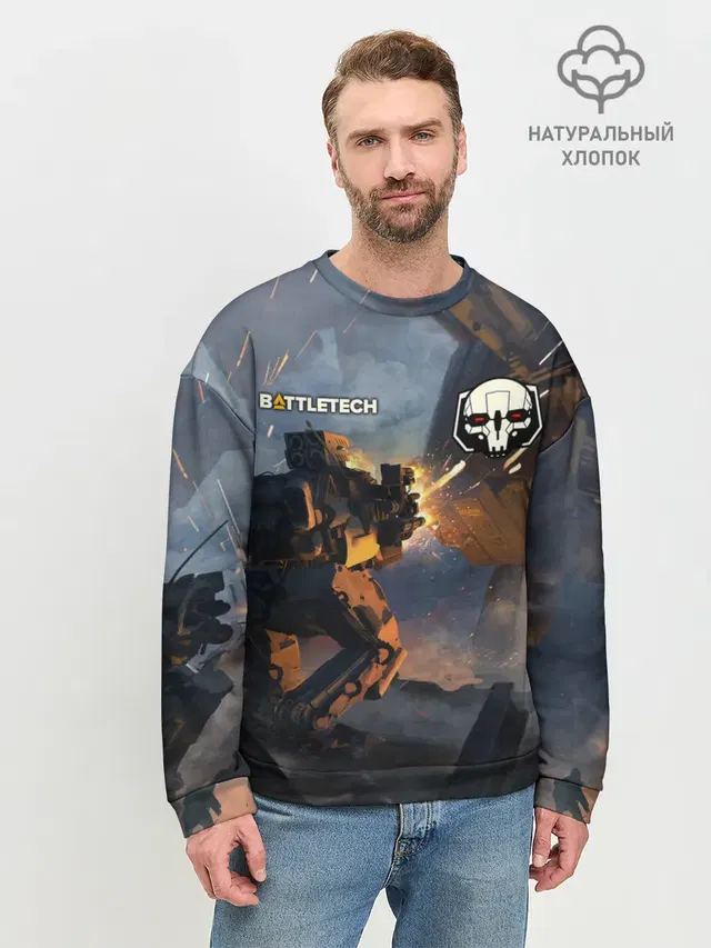 Мужской свитшот базовый с принтом «BattleTech — Battletech warrior»