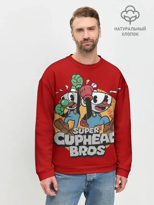 Мужской свитшот базовый с принтом «Super Cuphead Bros»