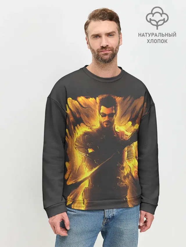 Мужской свитшот базовый с принтом «Deus Ex — Jensen in fire»