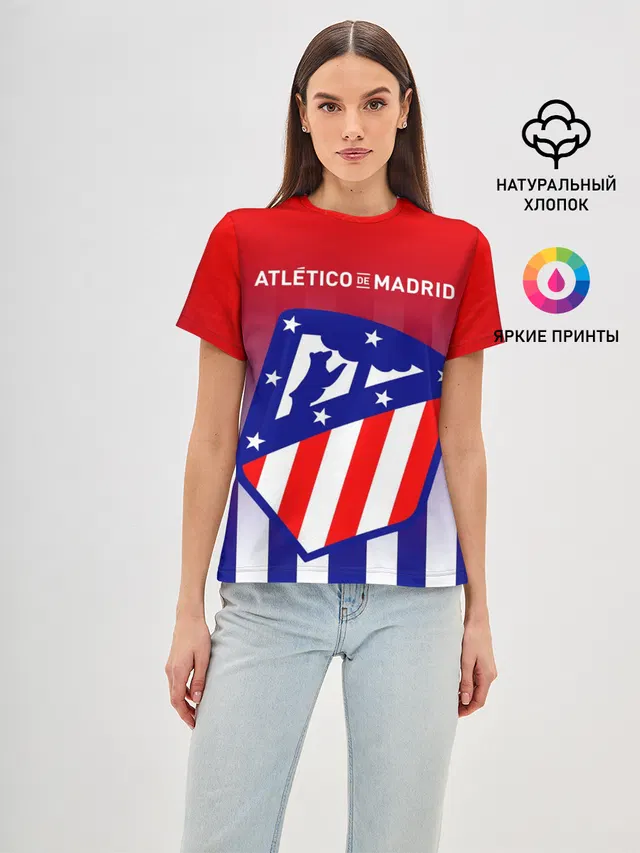 Женская базовая футболка с принтом «Football club — ATLETICO DE MADRID — АТЛЕТИКО»
