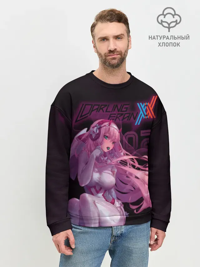 Мужской свитшот базовый с принтом «Darling in the FranXX — Zero Two в наушниках»