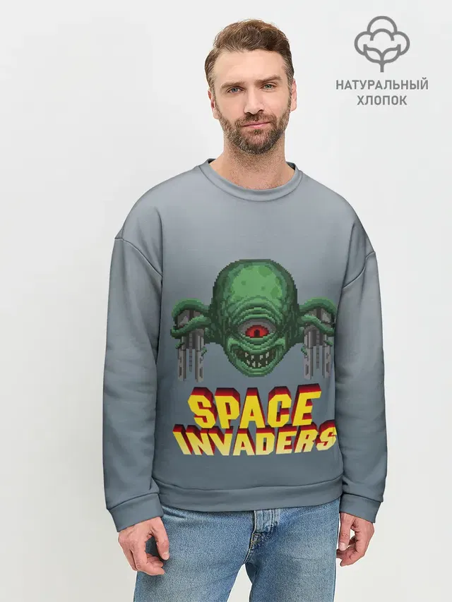 Мужской свитшот базовый с принтом «Space Invaders — Old game»