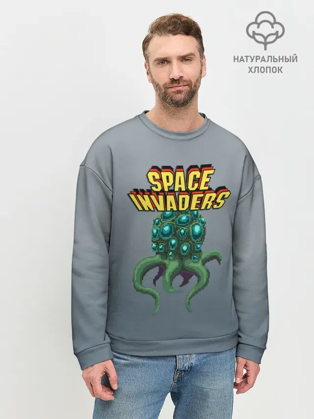 Мужской свитшот базовый с принтом «Space Invaders — Old game»