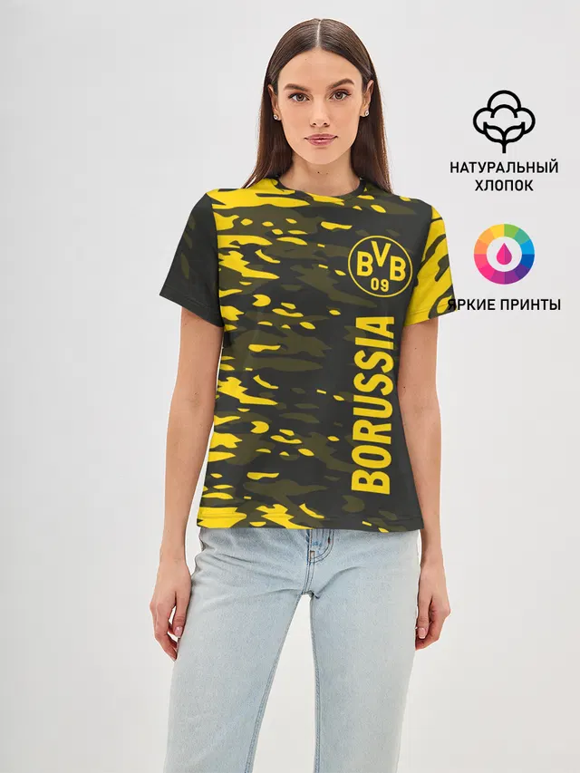 Женская базовая футболка с принтом «Camouflage — ФК БОРУССИЯ — FC BORUSSIA»