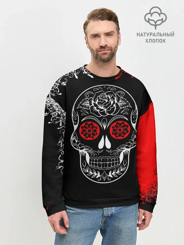 Мужской свитшот базовый с принтом «Черепа — Red White Skull - Череп»