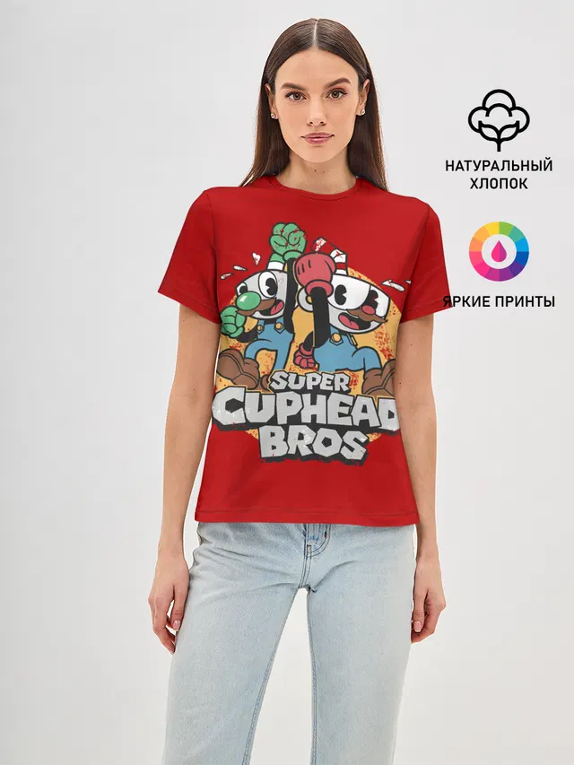 Женская базовая футболка с принтом «Super Cuphead Bros»