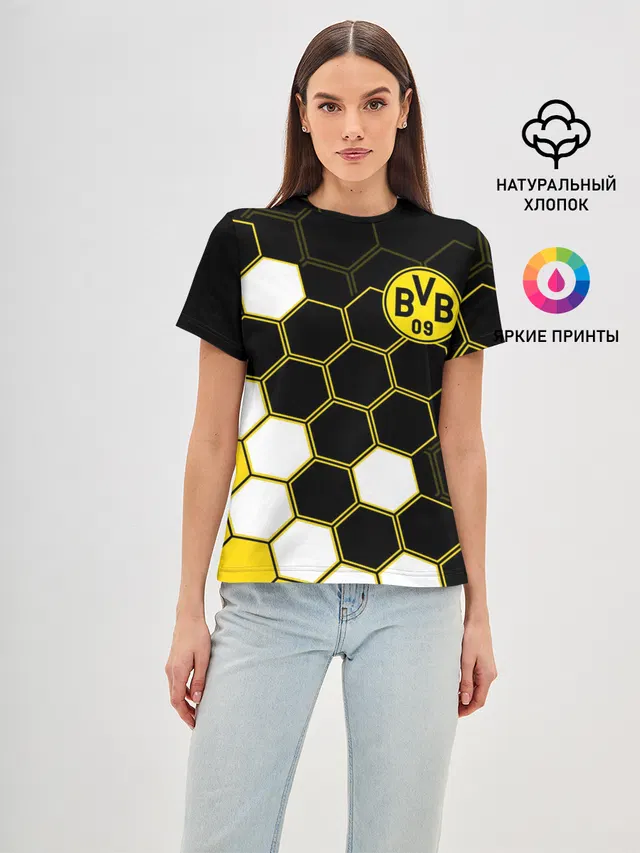 Женская базовая футболка с принтом «Hexagon pattern — ФК БОРУССИЯ — FC BORUSSIA»