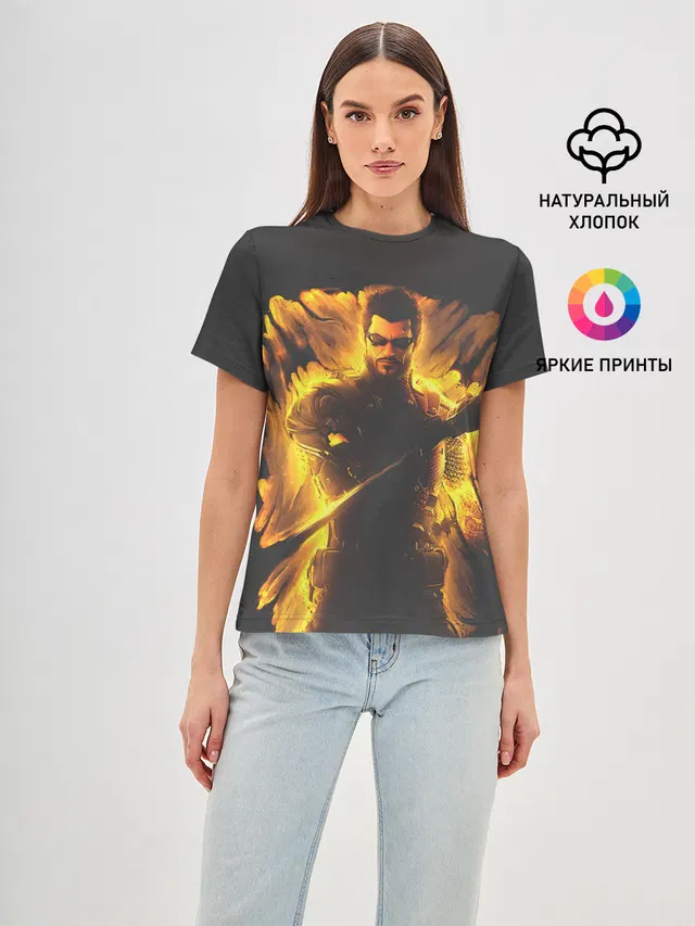Женская базовая футболка с принтом «Deus Ex — Jensen in fire»
