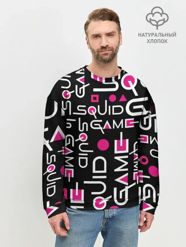 Мужской свитшот базовый с принтом «Игра в кальмара — SQUID GAME ЛОГО PINK»