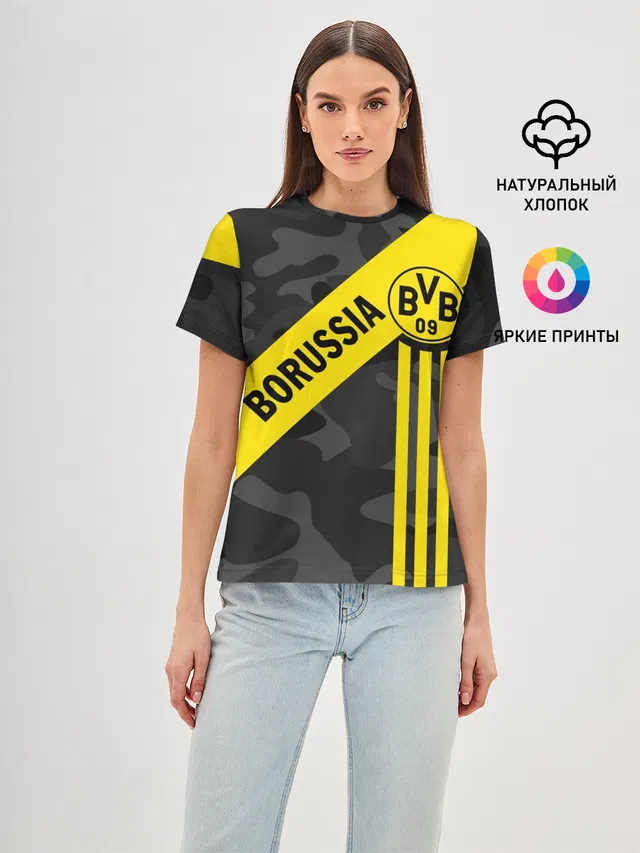 Женская базовая футболка с принтом «camouflage — ФК БОРУССИЯ — FC BORUSSIA»