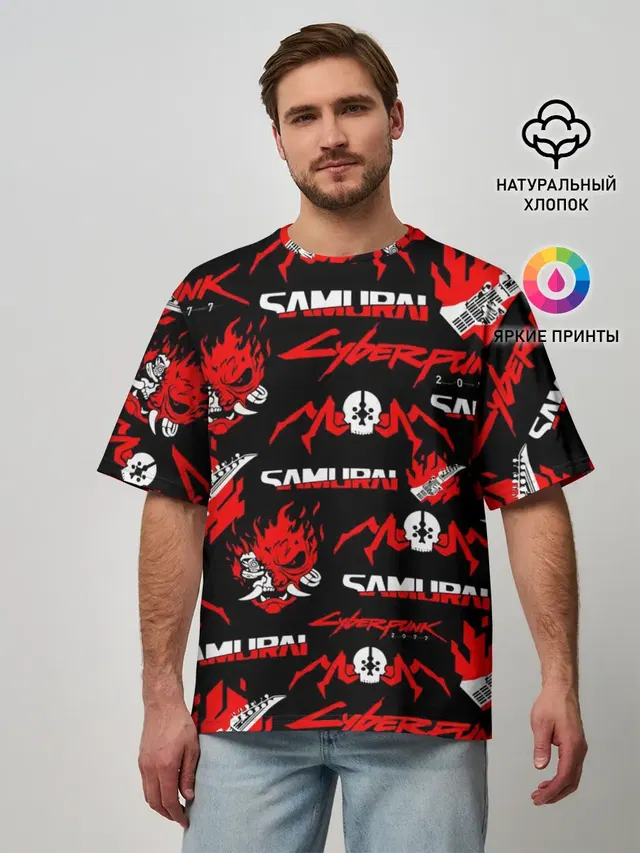 Мужская футболка оверсайз с принтом «Cyberpunk 2077 — CYBERPUNK 2077 SAMURAI»