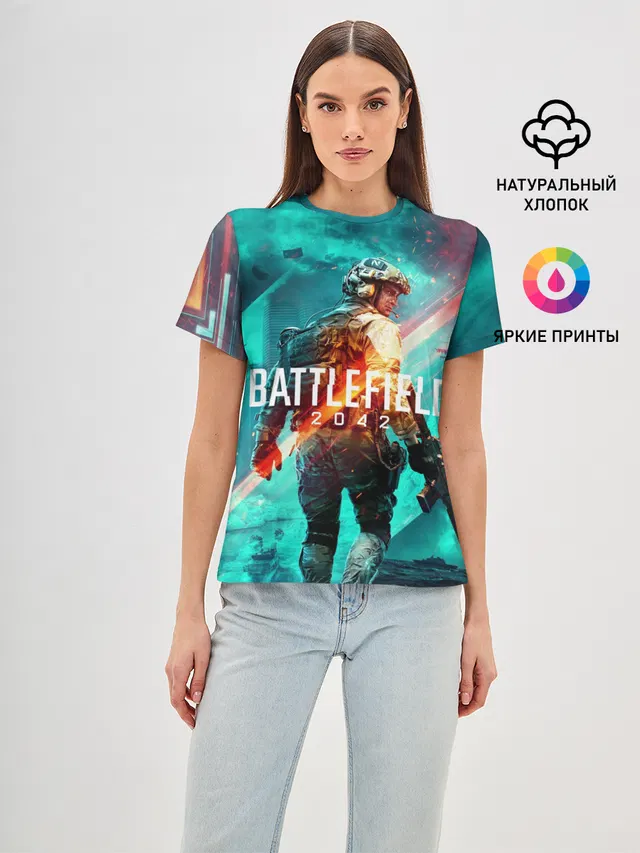 Женская базовая футболка с принтом «BATTLEFIELD — Battlefield 2042»