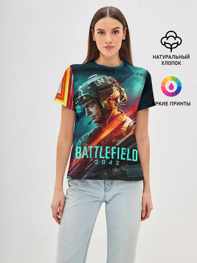 Женская базовая футболка с принтом «Battlefield 2042 Soldier»