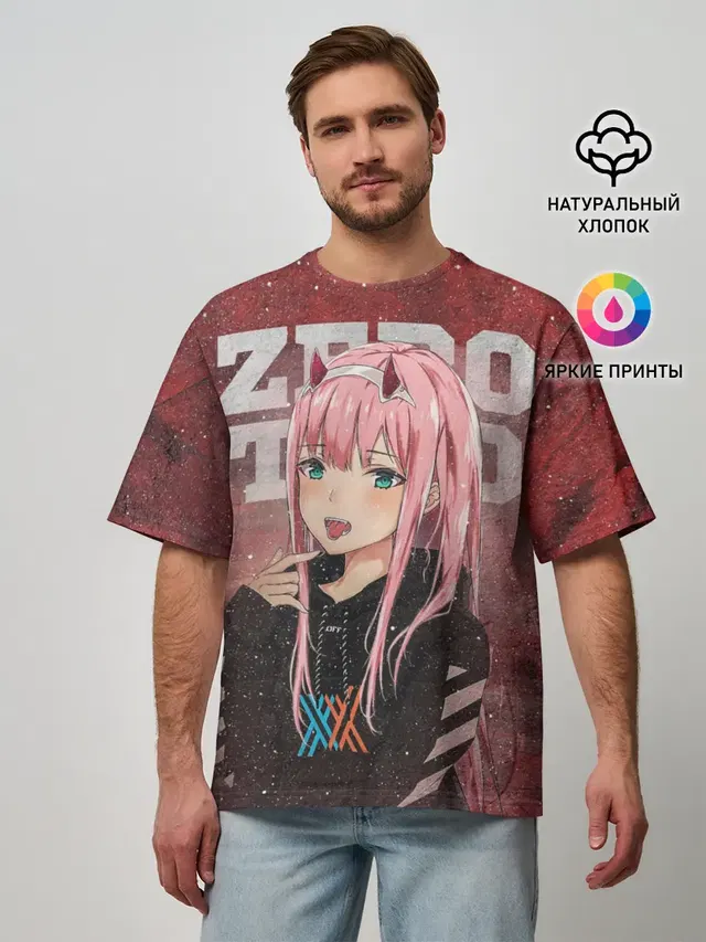 Мужская футболка оверсайз с принтом «Darling in the FranXX — Zero Two в толстовке»