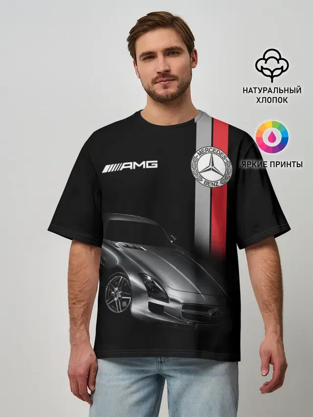 Мужская футболка оверсайз с принтом «AMG logo — MERCEDES BENZ AMG»