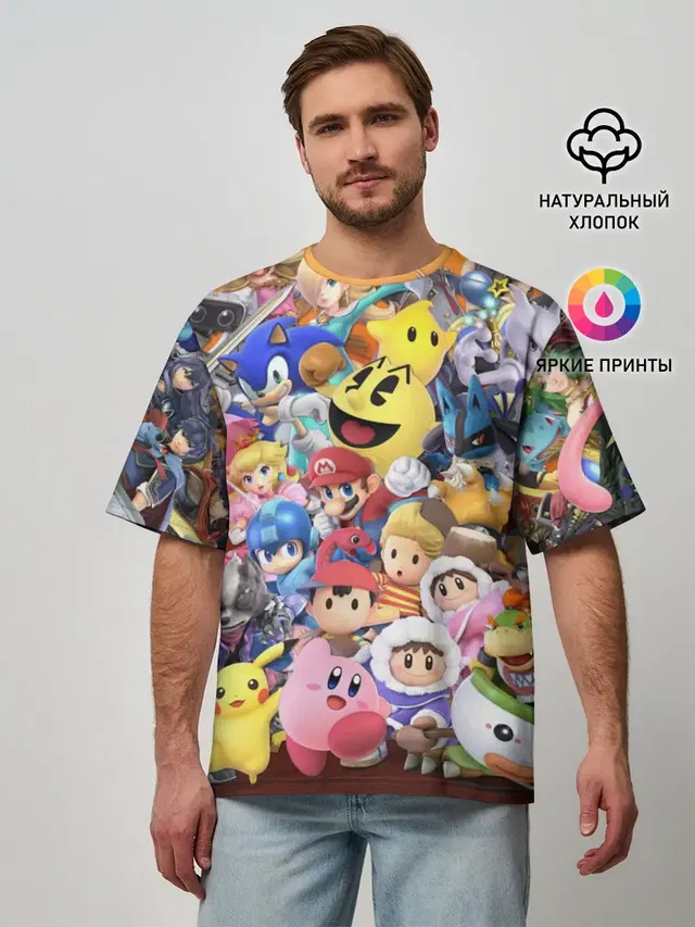 Мужская футболка оверсайз с принтом «sticker bombing — Super Smash Bros»