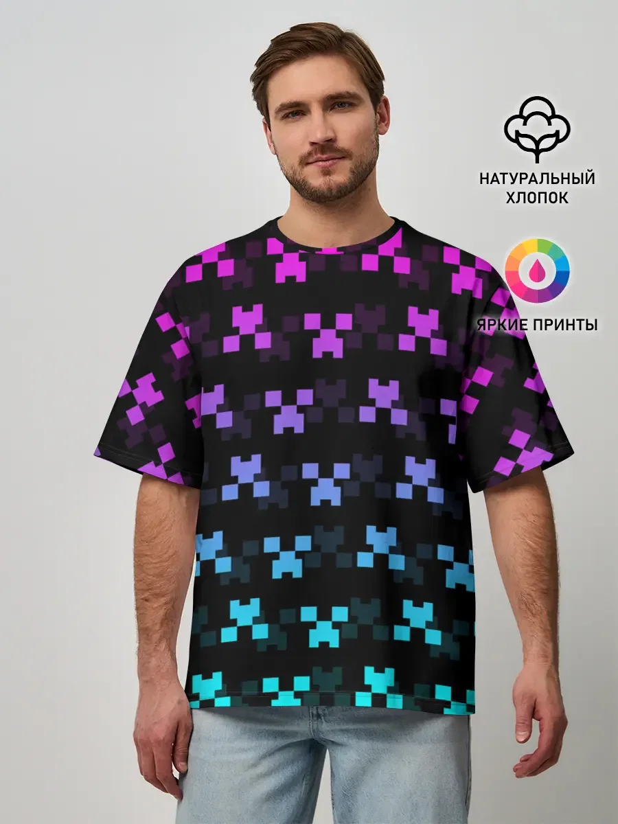Мужская хлопковая оверсайз-футболка «Minecraft Creeper Neon» — принт крупно