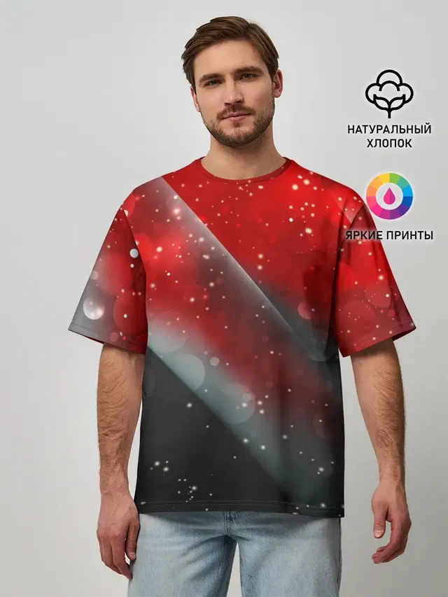 Мужская футболка оверсайз с принтом «Glitter — Red & Black»