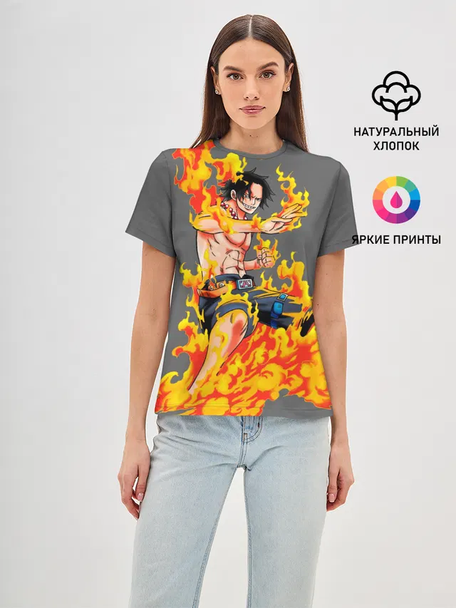 Женская базовая футболка с принтом «Ван Пис — Портгас Д Эйс из One Piece»