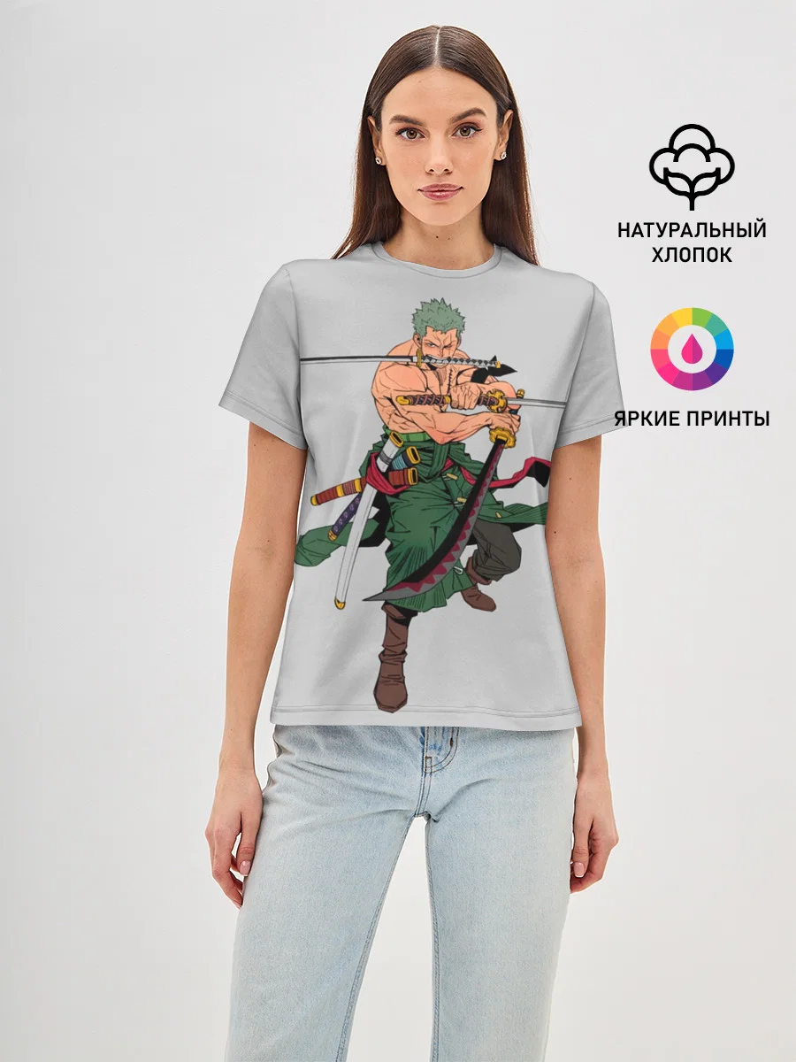 Женская базовая футболка с принтом «Арт Ророноа Зоро, One Piece», вид спереди