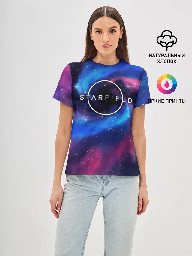 Женская базовая футболка с принтом «Разные игры — Starfield — Старфилд»