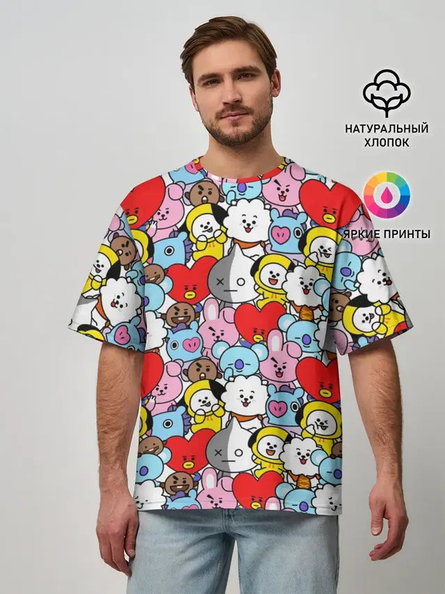 Мужская футболка оверсайз с принтом «BTS — BT21 / BTS»
