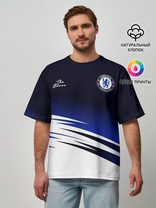 Мужская футболка оверсайз с принтом «Челси — CHELSEA разминочная 19/20»