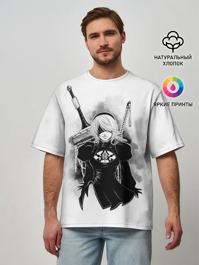 Мужская футболка оверсайз с принтом «Greatsword — 2B — Nier Automata»