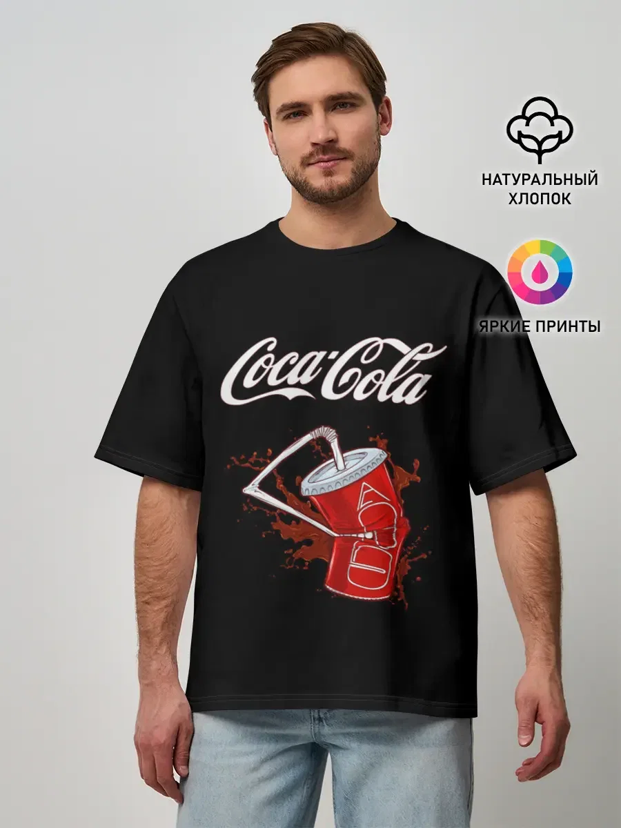 Мужская хлопковая оверсайз-футболка «Coca Cola» — принт крупно