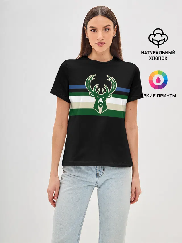 Женская базовая футболка с принтом «НБА — Milwaukee Bucks форма. Statement Edition»