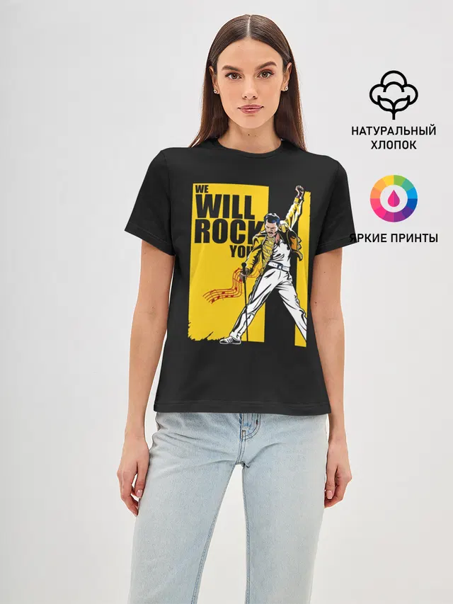 Женская базовая футболка с принтом «Queen — We will rock you»