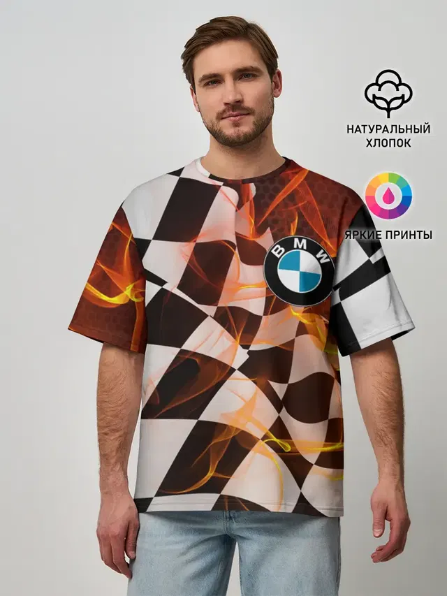 Мужская футболка оверсайз с принтом «BMW — BMW RACING — FIRE RACING»