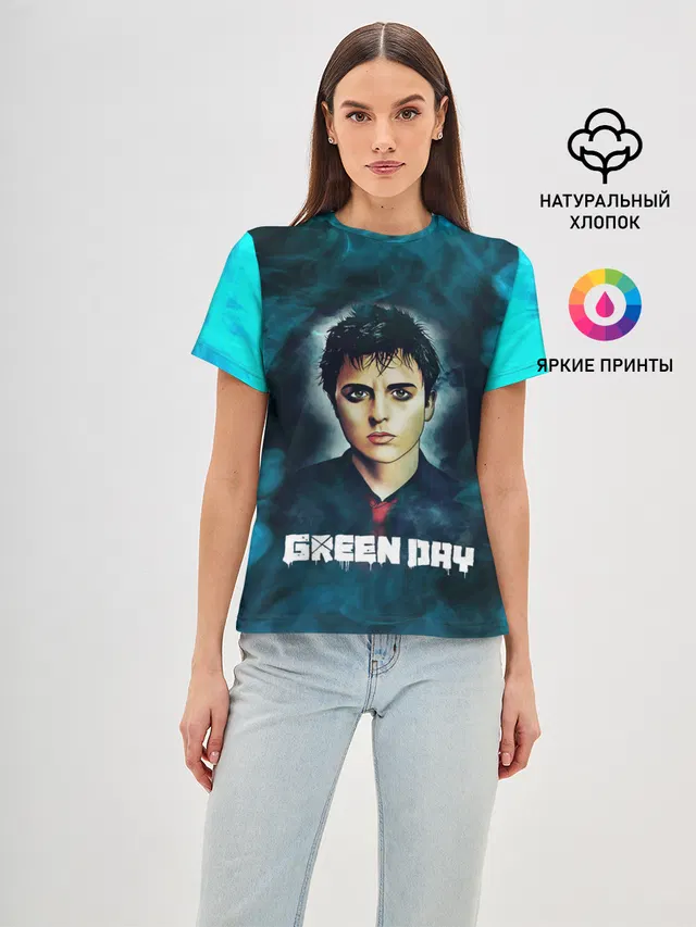 Женская базовая футболка с принтом «Billie GreenDay ГринДай — Billie — ГринДай»