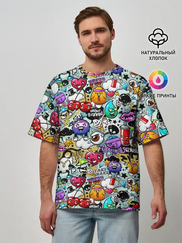 Мужская футболка оверсайз с принтом «sticker bombing — Stickerboom»