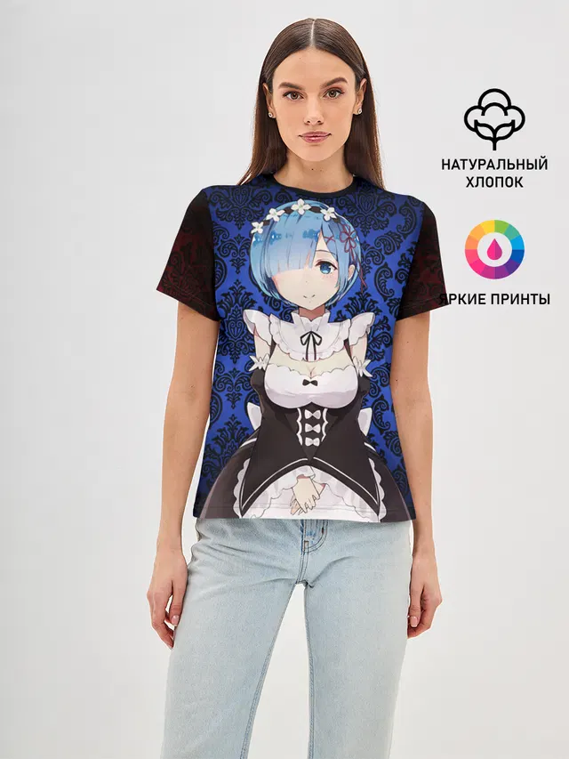 Женская базовая футболка с принтом «Re:Zero. Жизнь с нуля в альтернативном мире — Rem&Ram»