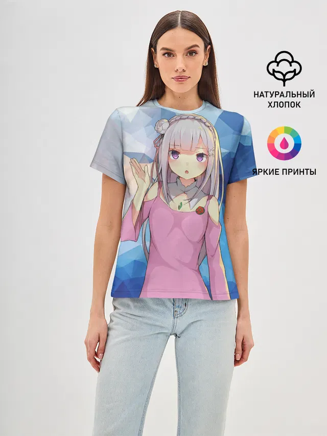 Женская базовая футболка с принтом «Re:Zero. Жизнь с нуля в альтернативном мире — Emilia&Rem»
