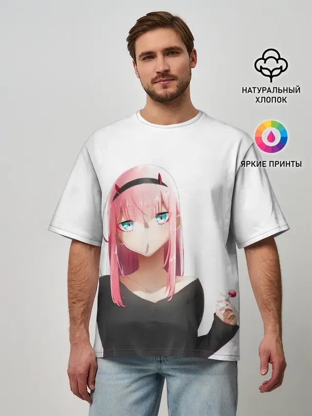 Мужская футболка оверсайз с принтом «Darling in the FranXX — ZERO TWO — 002»