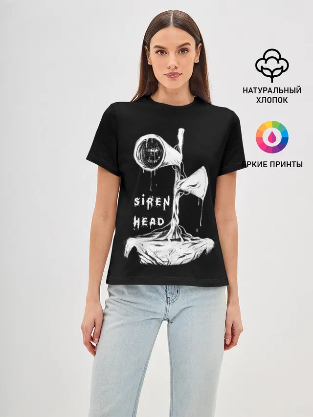 Женская базовая футболка с принтом «Сиреноголовый ЧБ Siren Head»