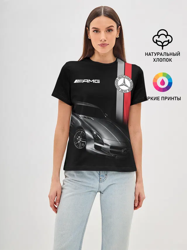 Женская базовая футболка с принтом «AMG logo — MERCEDES BENZ AMG»