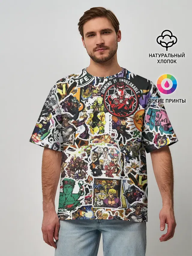 Мужская футболка оверсайз с принтом «JoJo’s Sticker Bombing»