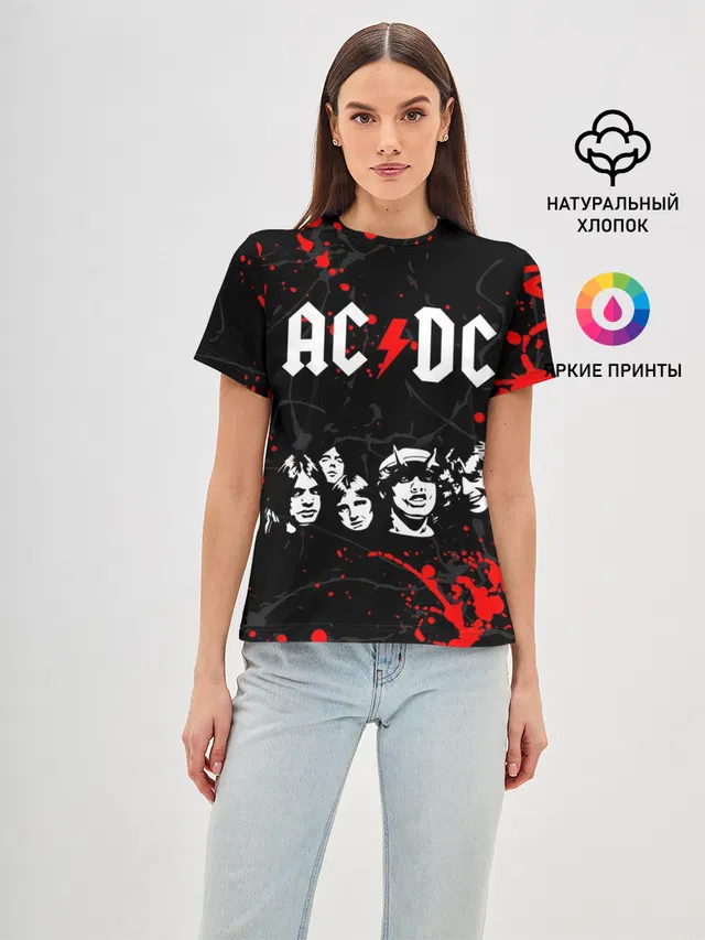 Женская базовая футболка с принтом «Band members — AC DC HIGHWAY TO HELL»